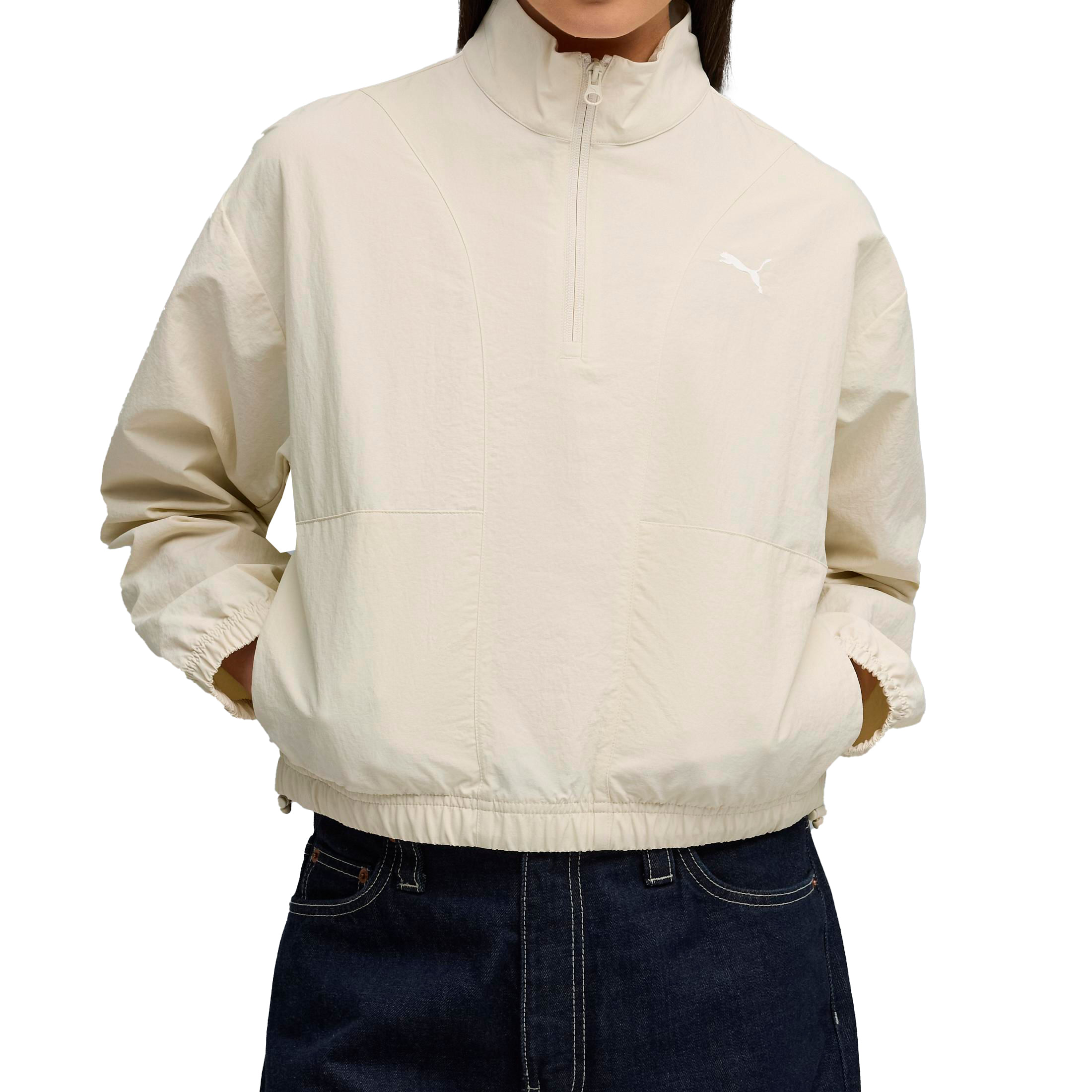 Casaco feminino Puma Alpine Snow creme com zíper frontal curto, gola alta e punhos elásticos